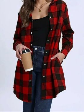 Red & Black Buffalo Plaid Long Shirt Jacket